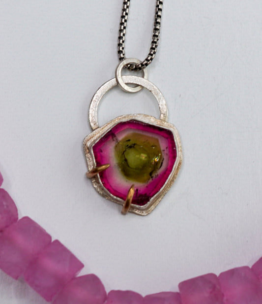 Watermelon Tourmaline Slice Pendant