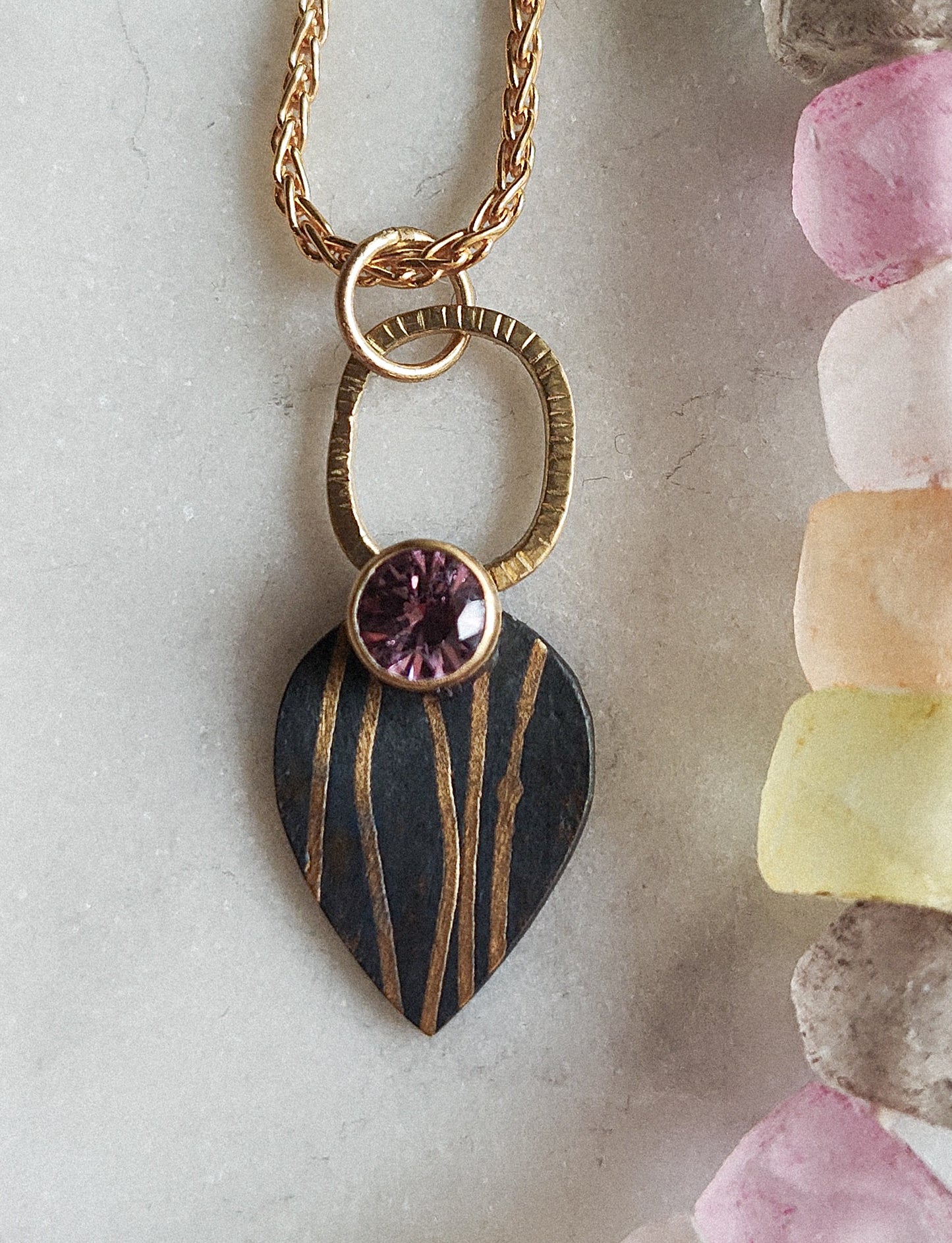 Pink Spinel Black and Gold Ribbon Pendant