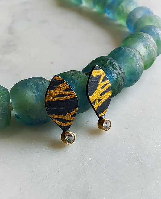 White Sapphire and Gold Ribbon Stud Earrings