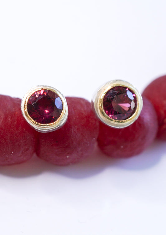 Strawberry Garnet Silver and Gold Stud Earrings